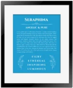 Seraphina name origin print with meaning and traits in blue with black matte frame