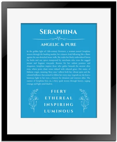 Seraphina name origin print with meaning and traits in blue with black matte frame