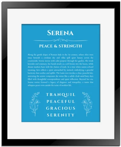 Serena personalized name meaning print in blue with black matte frame