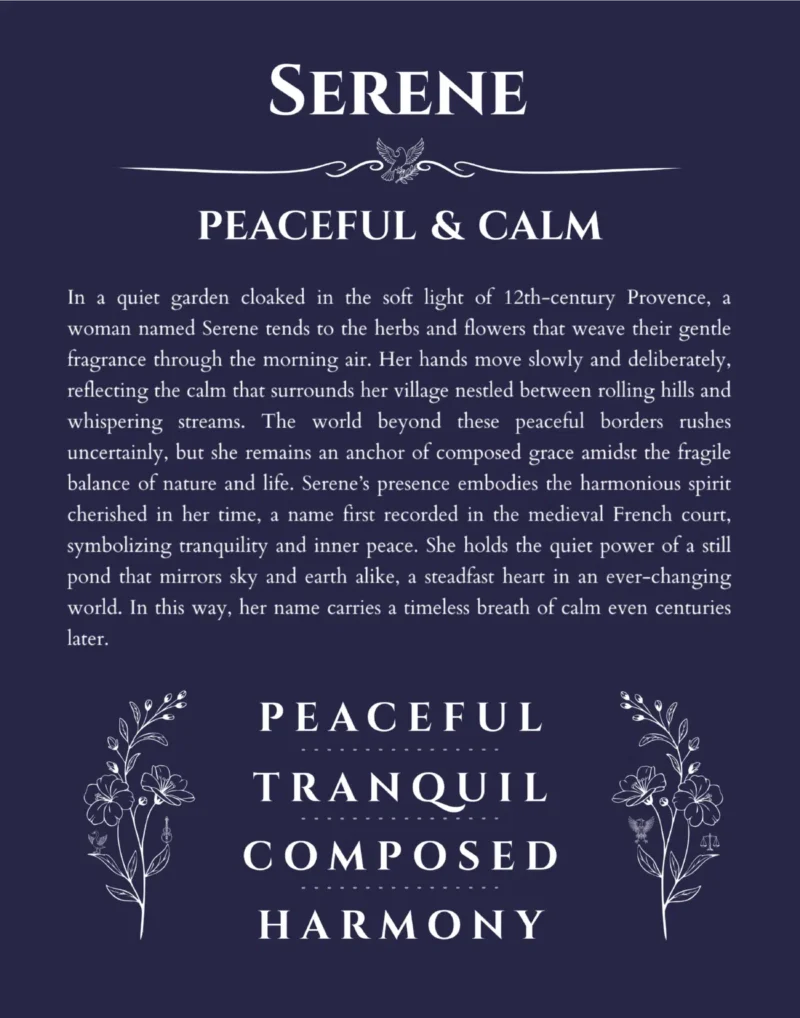 Serene personalized name meaning print in navy blue