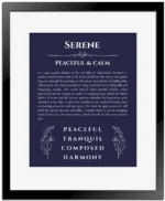 Serene personalized name meaning print in navy blue with black matte frame