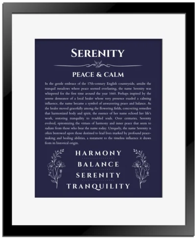 Serenity name meaning wall art by Get Your Story in navy blue with black matte frame