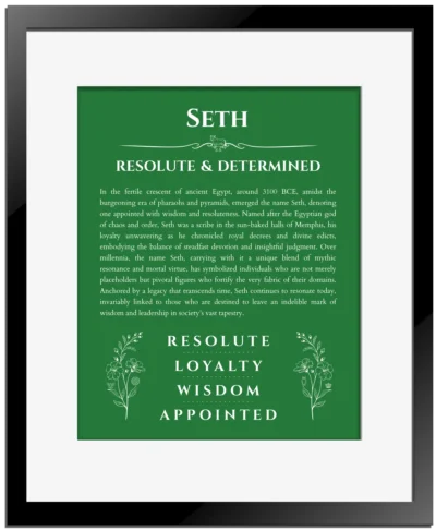 Seth name meaning wall art by Get Your Story in dark green with black matte frame
