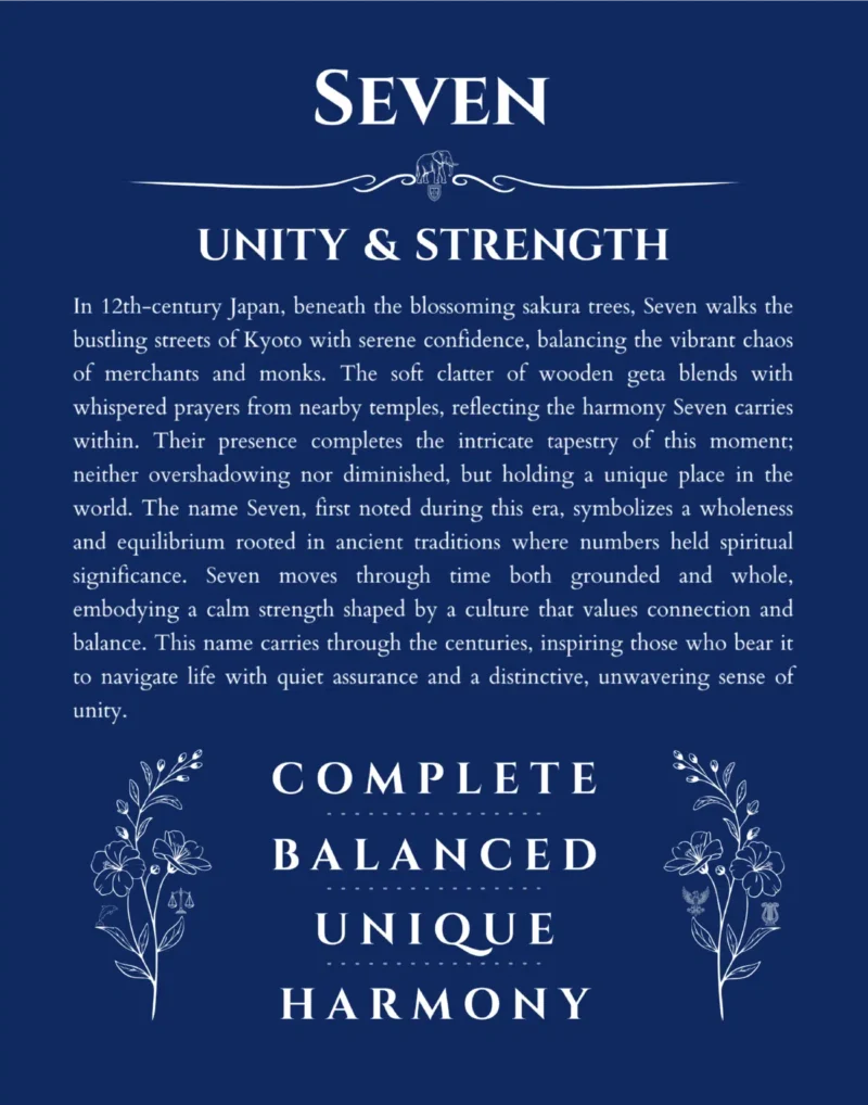 Seven name origin print with meaning and traits in deep blue