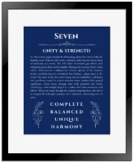 Seven name origin print with meaning and traits in deep blue with black matte frame