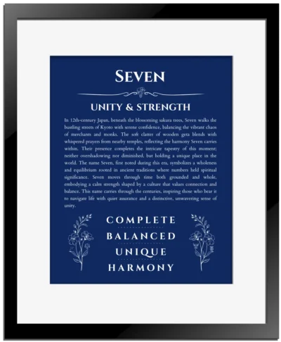 Seven name origin print with meaning and traits in deep blue with black matte frame