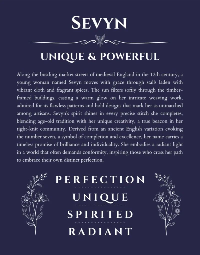 Sevyn name origin print with meaning and traits in navy blue
