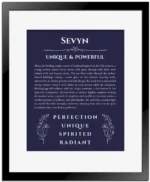 Sevyn name origin print with meaning and traits in navy blue with black matte frame