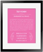 Sevynn personalized wall art with the story of your name in pink with black matte frame