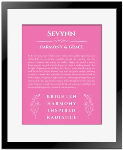 Sevynn personalized wall art with the story of your name in pink with black matte frame