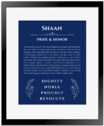 Shaan custom name art showing meaning and origin in deep blue with black matte frame