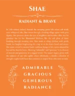 Shae name origin print with meaning and traits in orange