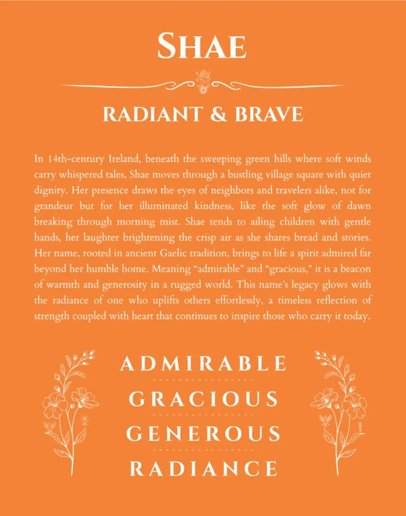 Shae name origin print with meaning and traits in orange