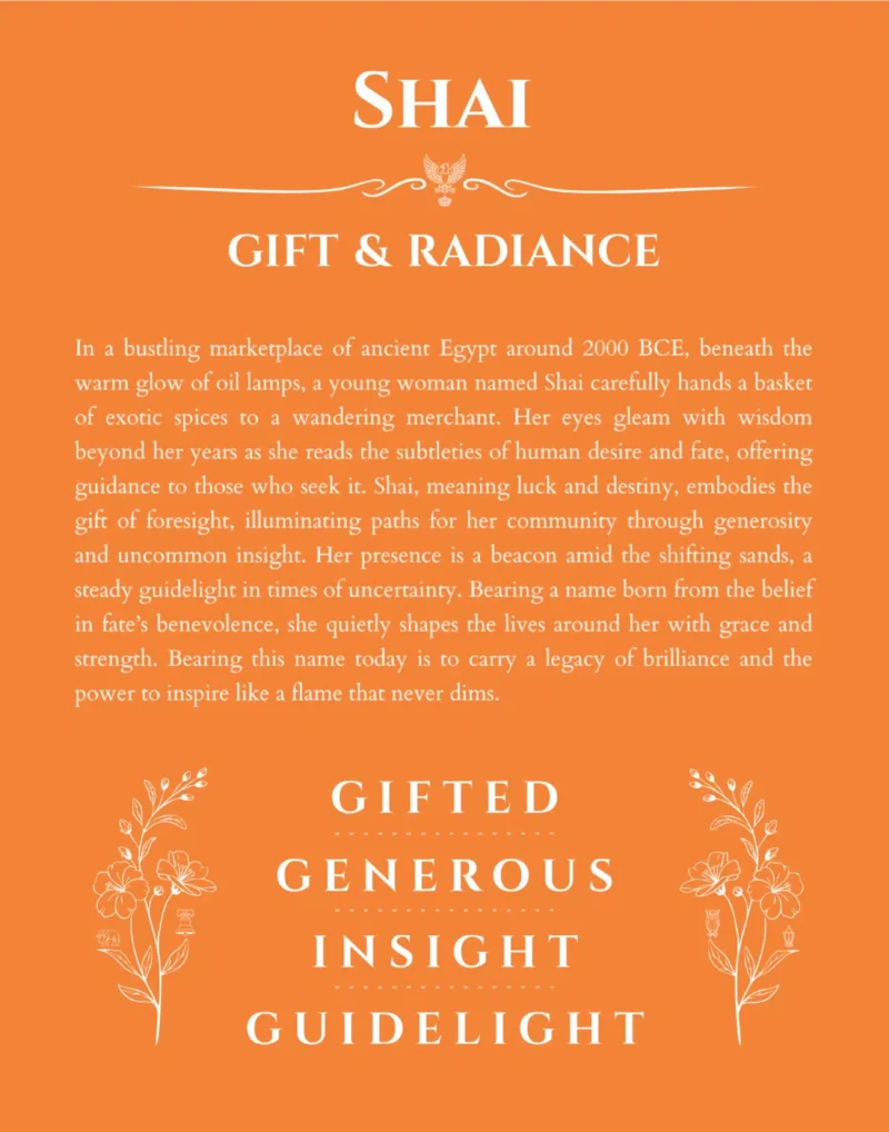 Shai personalized name art with origin story in orange