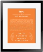 Shai personalized name art with origin story in orange with black matte frame