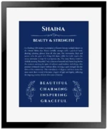 Shaina personalized name meaning print in deep blue with black matte frame