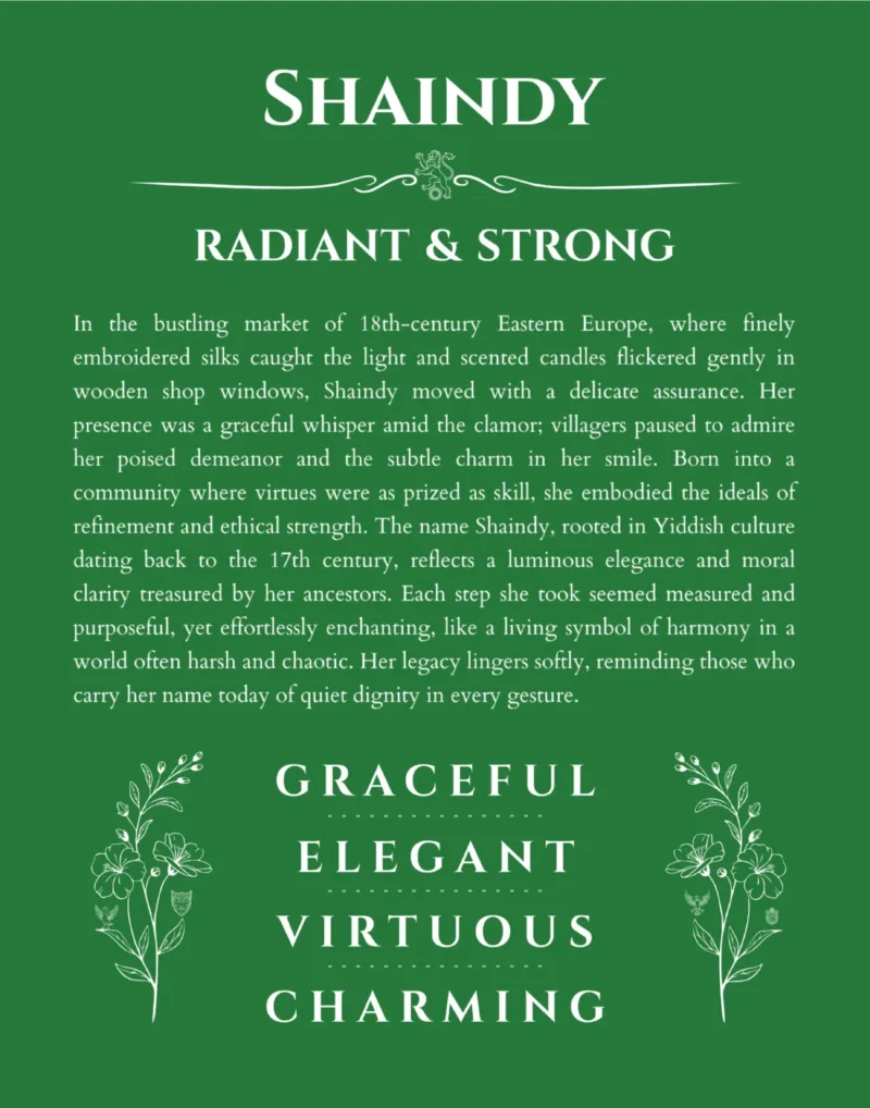 Shaindy custom name art showing meaning and origin in dark green