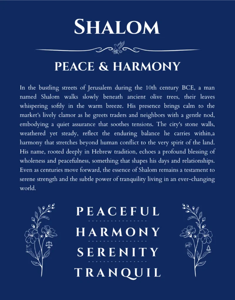 Shalom name origin print with meaning and traits in deep blue