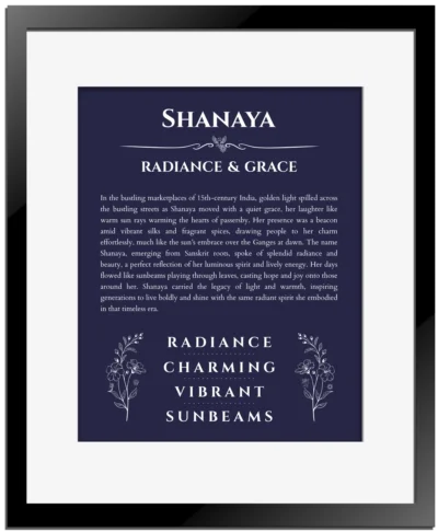 Shanaya custom name print for wall display in navy blue with black matte frame