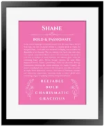 Shane personalized wall art with the story of your name in pink with black matte frame