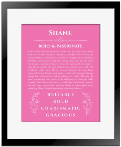 Shane personalized wall art with the story of your name in pink with black matte frame