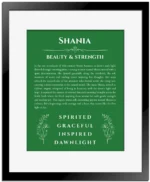 Shania custom name print for wall display in dark green with black matte frame