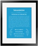 Shannon personalized name meaning print in blue with black matte frame