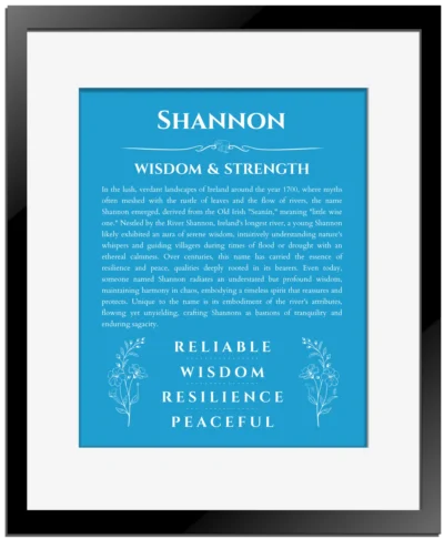 Shannon personalized name meaning print in blue with black matte frame