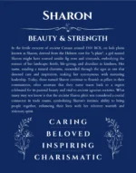 Sharon custom name art showing meaning and origin in deep blue