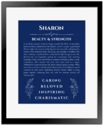 Sharon custom name art showing meaning and origin in deep blue with black matte frame