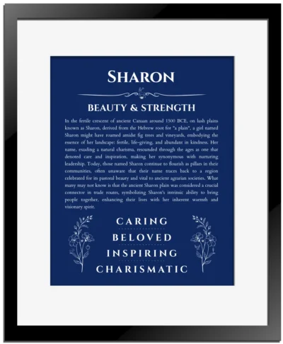Sharon custom name art showing meaning and origin in deep blue with black matte frame