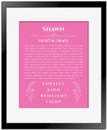 Shawn personalized wall art with the story of your name in pink with black matte frame