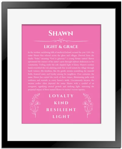 Shawn personalized wall art with the story of your name in pink with black matte frame