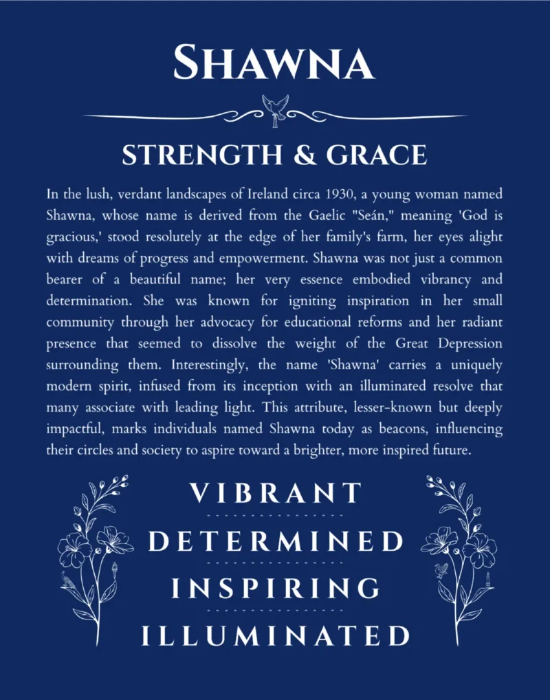 Shawna personalized name print with origin and traits in deep blue