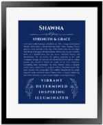 Shawna personalized name print with origin and traits in deep blue with black matte frame