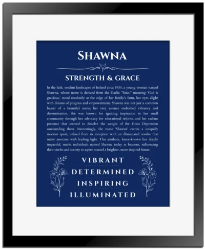 Shawna personalized name print with origin and traits in deep blue with black matte frame