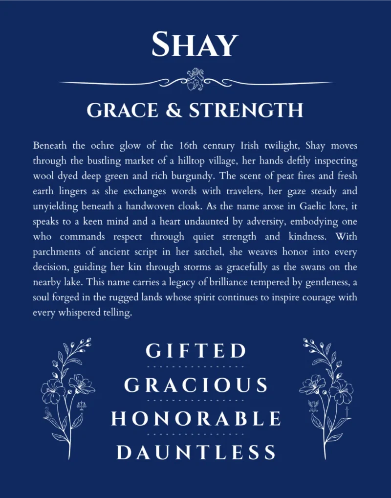 Shay custom name art showing meaning and origin in deep blue