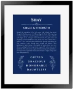 Shay custom name art showing meaning and origin in deep blue with black matte frame