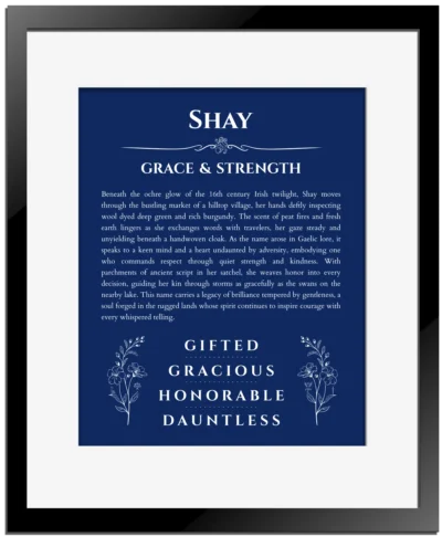 Shay custom name art showing meaning and origin in deep blue with black matte frame
