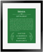 Shaya name meaning gift print in dark green with black matte frame