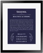 Shayna personalized name meaning print in navy blue with black matte frame