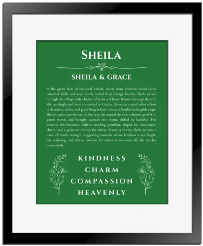Sheila custom name print for wall display in dark green with black matte frame