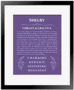 Shelby custom name art showing meaning and origin in purple with black matte frame