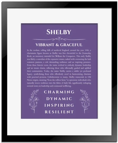 Shelby custom name art showing meaning and origin in purple with black matte frame