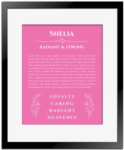 Shelia personalized wall art with the story of your name in pink with black matte frame