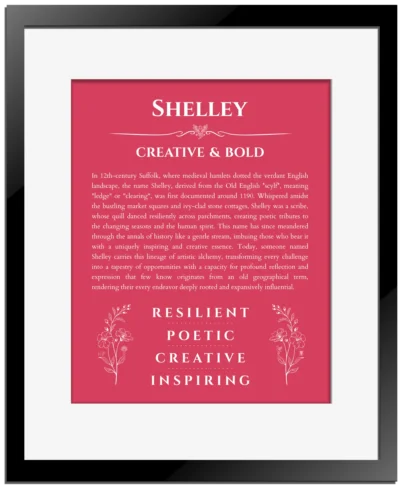 Shelley personalized name meaning print in red with black matte frame