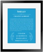 Shelly name origin print with meaning and traits in blue with black matte frame