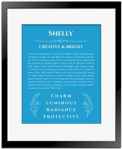 Shelly name origin print with meaning and traits in blue with black matte frame
