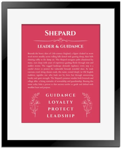 Shepard custom name meaning print in red with black matte frame