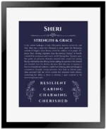 Sheri personalized wall art with the story of your name in navy blue with black matte frame